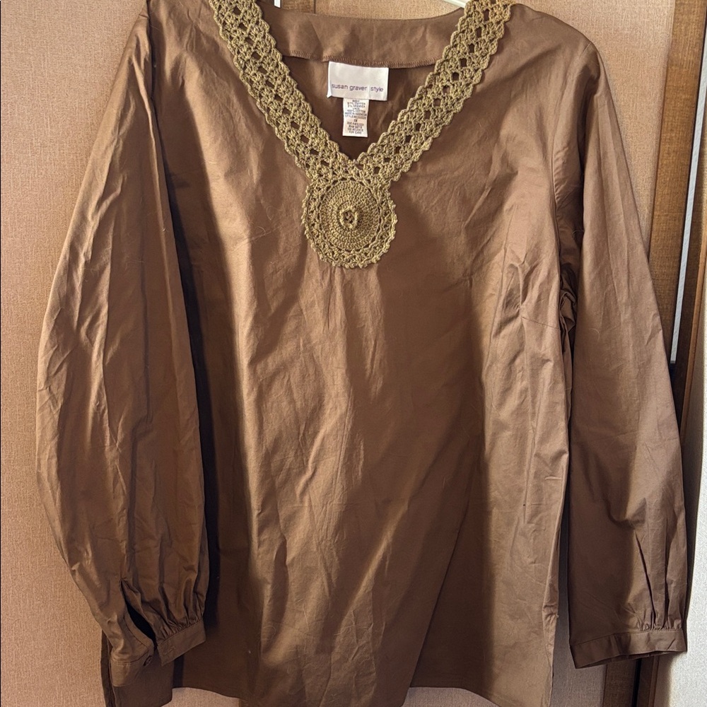 FINAL MARKDOWN Susan Graver Brown Blouse with Crochet Accent 1X